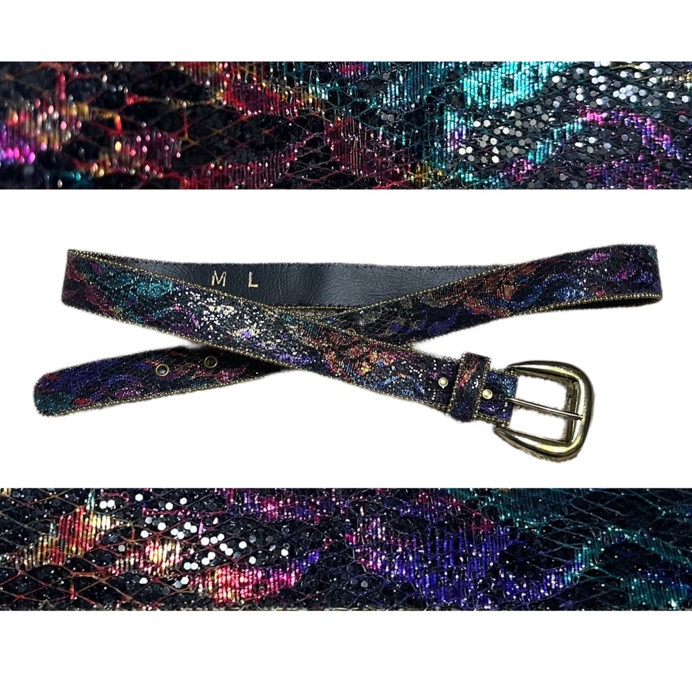 VINTAGE 80's Belt Multicolor Sparkle Iridescent Snake Print M/L 34"